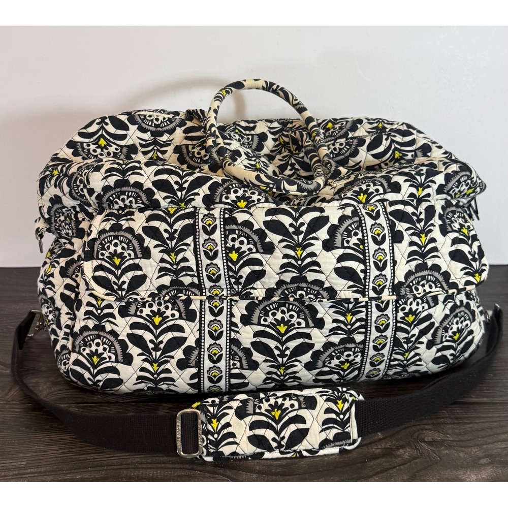 Vera Bradley Quilted Cotton Tote Bag Black White Yellow Floral Shoulder Bag